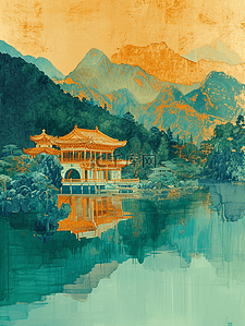 黄绿色插画图片_黄绿色国画艺术绘画山水风景的插画2