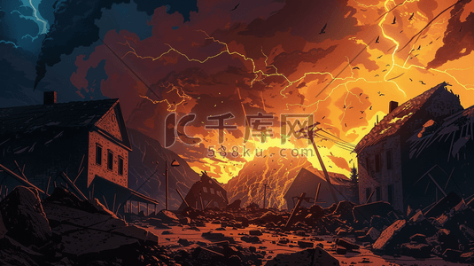 深色手绘火山爆发房屋建筑废墟的插画1