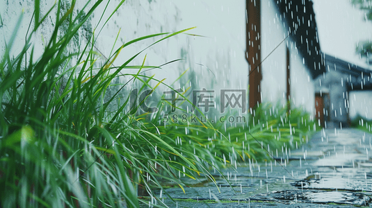 哑铃雨水插画图片_雨季下雨中式景区围墙外花草的插画7
