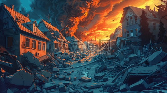 深色手绘火山爆发房屋建筑废墟的插画12
