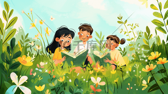 春天唯美草坪上女孩男孩读书的插画5