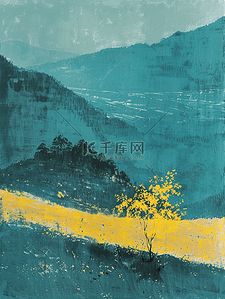 秋抽象画插画图片_手绘山川美景抽象插画2