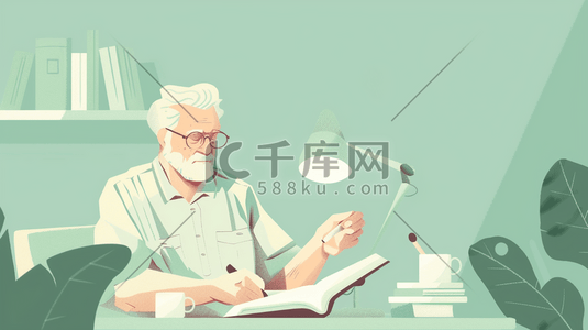 外国人男插画图片_绿色场景手绘外国工人工作看书的插画45