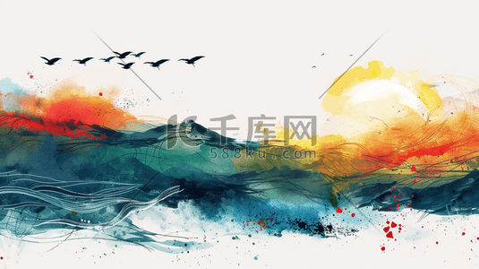 彩色水墨风景插画图片_彩色山水风景水墨插画1