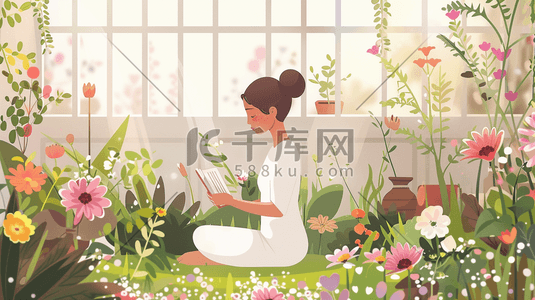 唯美简约女孩在纹理植物花朵的插画4