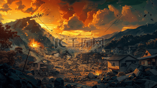 深色手绘火山爆发房屋建筑废墟的插画38