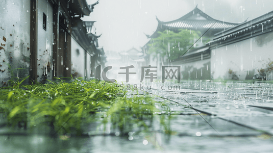 围墙木头插画图片_雨季下雨中式景区围墙外花草的插画11