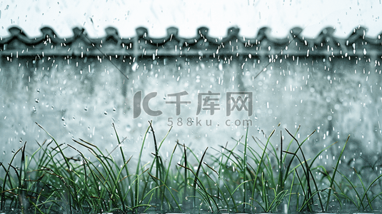 哑铃雨水插画图片_雨季下雨中式景区围墙外花草的插画3