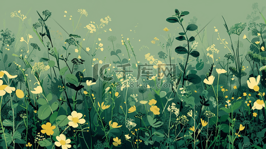 春天绿色简约花草花丛的插画1