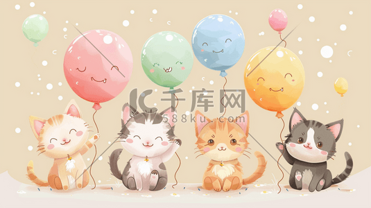 猫咪美插画图片_彩色水彩可爱猫咪气球的插画1