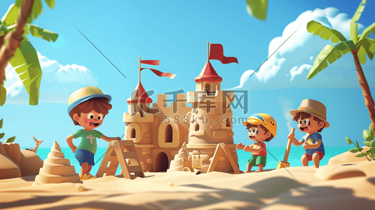 儿童城堡插画图片_蓝天白云下儿童沙滩上堆城堡的插画2