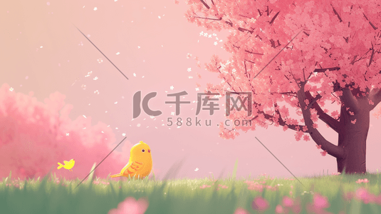 流线线条插画图片_春天公园里粉色树木小鸟的插画10