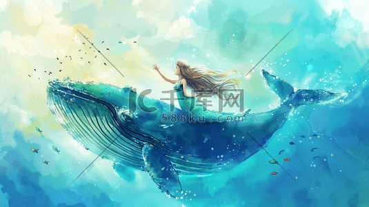 蓝色渐变梦幻插画图片_手绘渐变蓝色鲸鱼上女孩的插画1