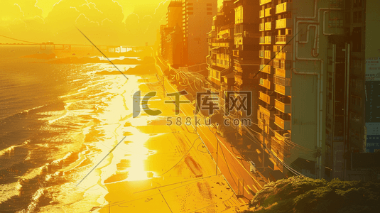 东南沿海插画图片_手绘绘画蓝天白云下沿海城市的插画6