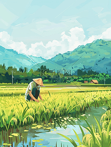手绘彩色插画图片_手绘彩色稻田农民种田的插画2