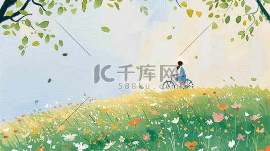 骑车插画图片_春天手绘绘画户外女孩骑车的插画1