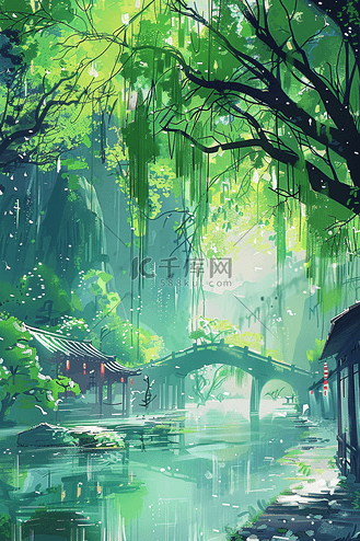 风景柳树手绘春天插画海报