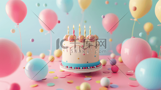 生日展架插画图片_粉蓝色生日蛋糕气球彩带惊喜的插画33