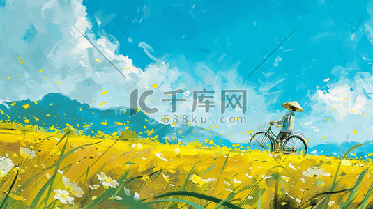 骑自行车的插画图片_油画蓝天白云下景色骑自行车的插画6
