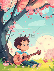 海报春天男孩弹吉他樱花树插画手绘