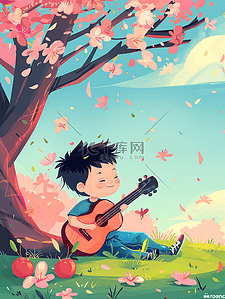 春天樱花树插画图片_男孩弹吉他春天樱花树手绘插画海报