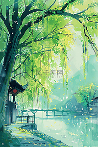 春天风景手绘柳树插画海报