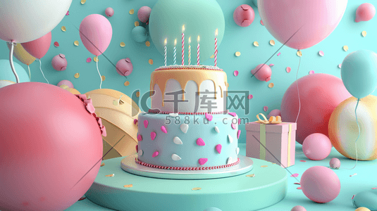 蜡烛生日蛋糕插画图片_唯美生日蛋糕气球惊喜礼物的插画1