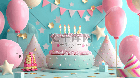 粉蓝色生日蛋糕气球彩带惊喜的插画11