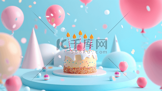 蓝色的彩带插画图片_粉蓝色生日蛋糕气球彩带惊喜的插画9