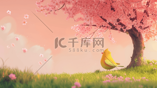 春天公园里粉色树木小鸟的插画13