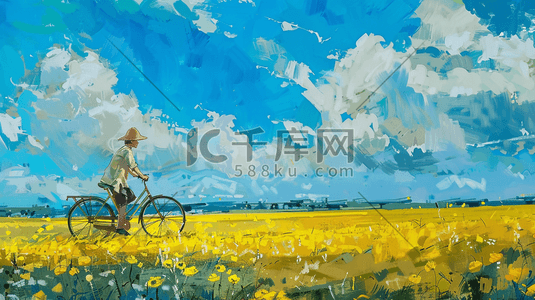 油画蓝天白云下景色骑自行车的插画7