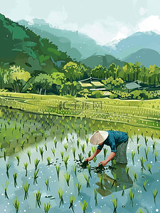手绘彩色插画图片_手绘彩色稻田农民种田的插画8