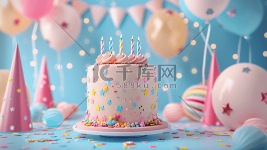 粉色8插画图片_粉蓝色生日蛋糕气球彩带惊喜的插画8