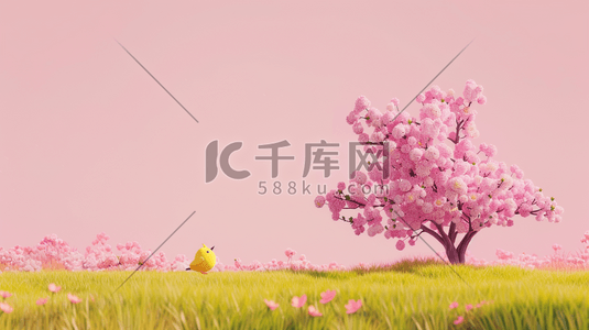 春天公园里粉色树木小鸟的插画5