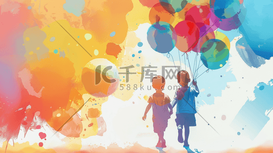 彩色梦幻孩童放气球的插画1