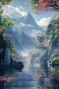 山川风景湖泊手绘插画海报