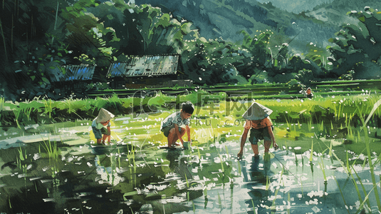 水彩绘画田地里农民儿童种水稻的插画2