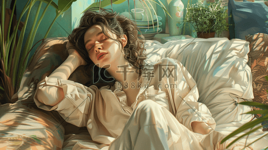 女人洗头插画图片_彩色手绘女人躺在床上休息的插画1