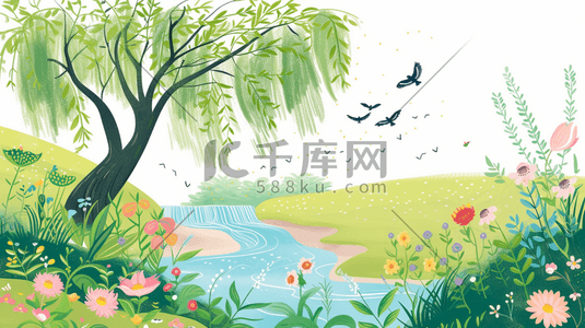 手绘春天风景插画图片_手绘春天户外风景区树木河水小鸟的插画4