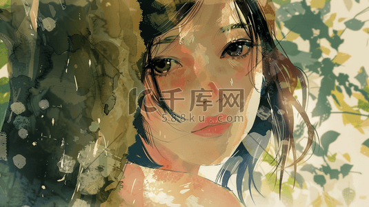 彩色水彩绘画夏天树木下女孩的插画3