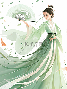 香气飘逸插画图片_绿色简约古装古色女子的插画9