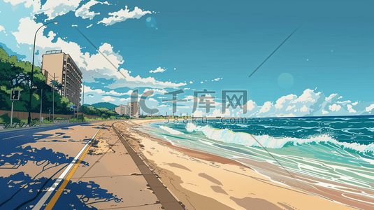东南沿海插画图片_手绘绘画蓝天白云下沿海城市的插画2