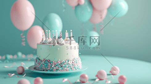 粉蓝色生日蛋糕气球彩带惊喜的插画23