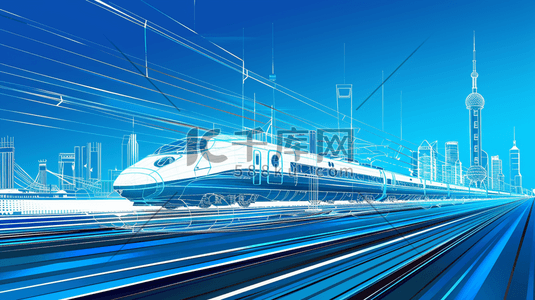 蓝色简约手绘插画图片_蓝色科技交通高铁进站的插画11