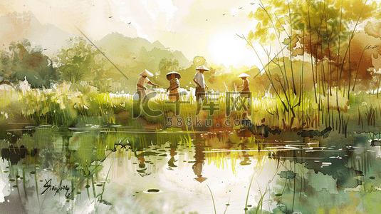 绿色水彩插画图片_水彩绘画田地里农民儿童种水稻的插画5