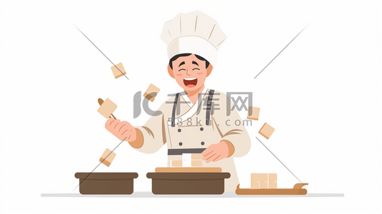 厨房白色插画图片_白色简约手绘厨师烹饪美食的插画2
