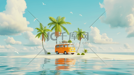 海水天空插画图片_蓝色海边沙滩汽车的插画2