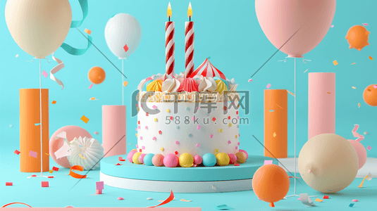 生日展架插画图片_粉蓝色生日蛋糕气球彩带惊喜的插画5