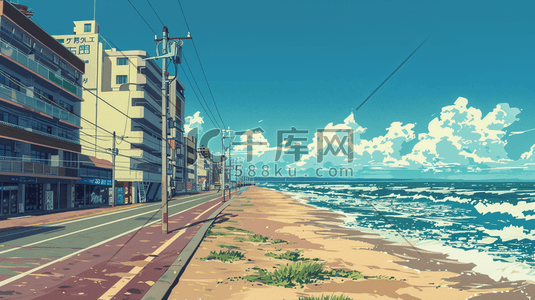 东南沿海插画图片_手绘绘画蓝天白云下沿海城市的插画12