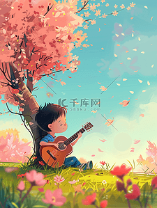 卡通弹吉他男孩插画图片_春天男孩弹吉他樱花树插画海报手绘
